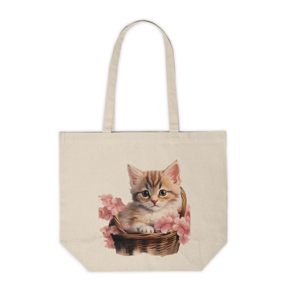 Floral Cat in a Basket Custom Canvas Tote Bag